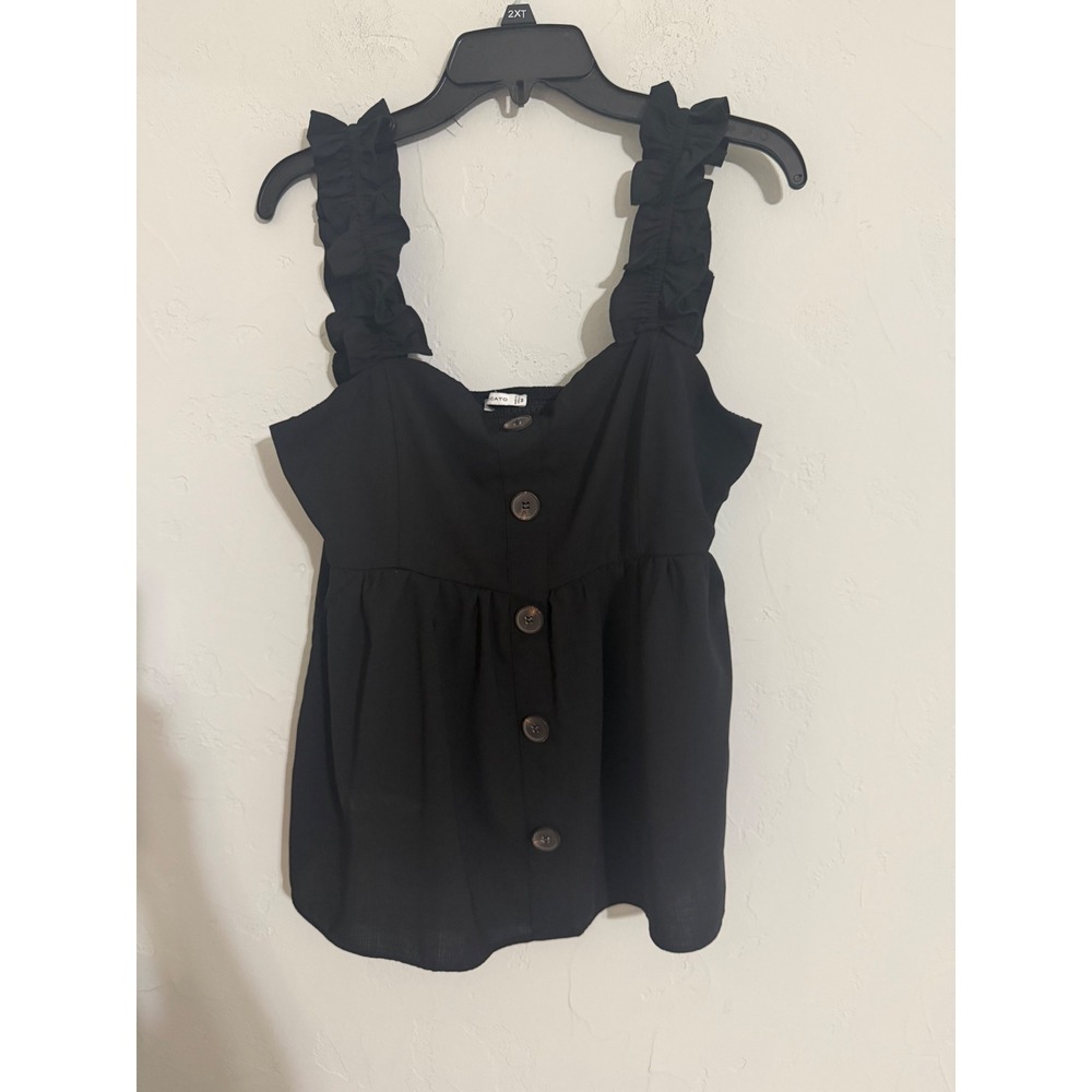 Staccato Black‎ Ruffle Strap Babydoll Cami Top Smocked Back Button Front Medium
